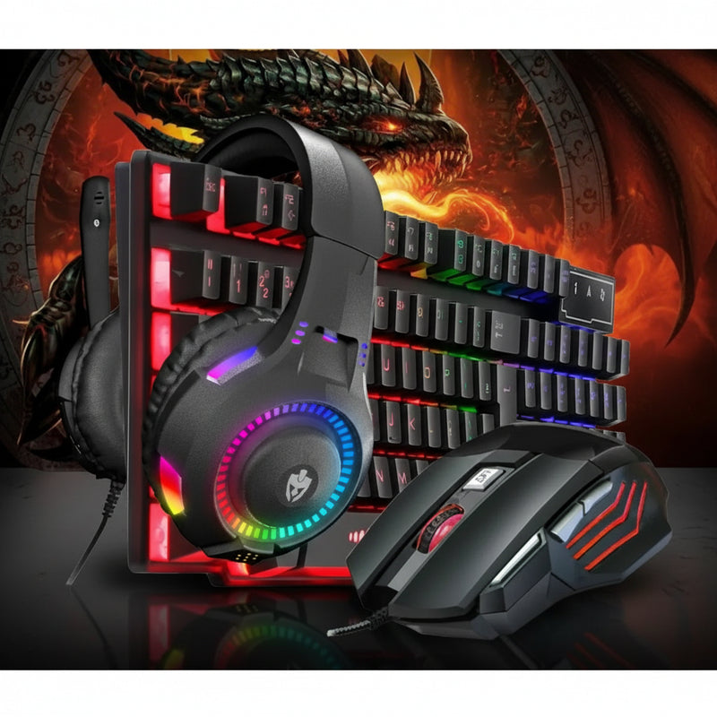 🎮 Combo Gamer Completo 4 em 1 – Teclado, Mouse RGB, Mousepad e Headset