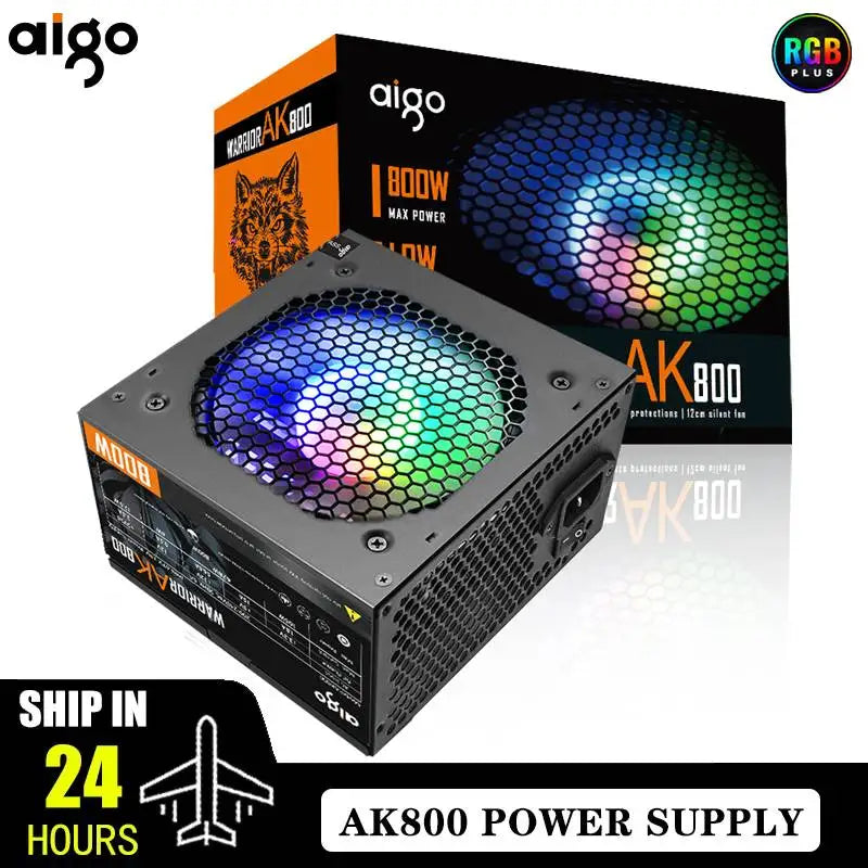 Aigo AK PC PSU Unidade de fonte de alimentação 500W 600W 700W 800W 1000W Gaming 120mm Ventilador RGB 220V ATX Fonte de alimentação para computador desktop para BTC