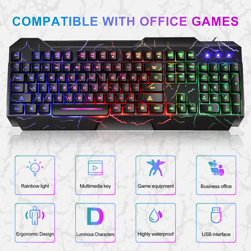 🎮✨ Combo Gamer Teclado + Mouse Ergonômico – Efeito Rainbow Crack Glow